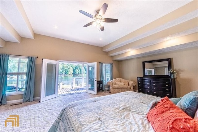 bedroom featuring carpet flooring, ceiling fan, and access to exterior