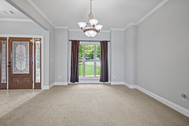 foyer entrance featuring crown molding, light carpet, and a chandelier