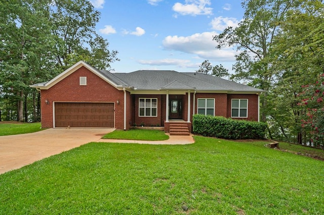 ranch-style house with a front yard and a garage