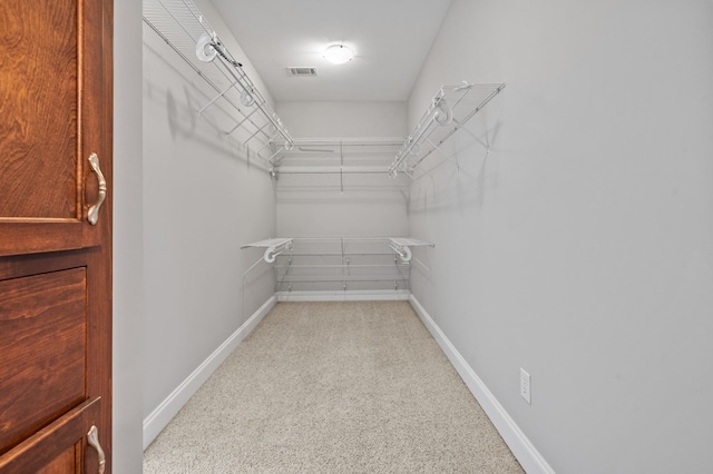 walk in closet with light colored carpet