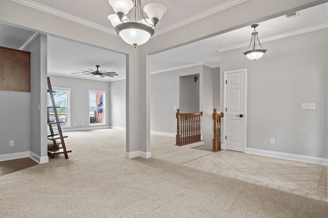 spare room with ceiling fan with notable chandelier, ornamental molding, and light carpet