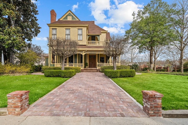 victorian house featuring a front lawn, a balcony, covered porch, and a chimney