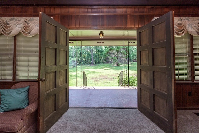 882 Gaissert Church Rd, Sparta, GA 31087 - doorway to outside with carpet and wooden walls