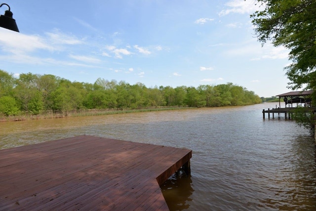 dock area featuring a view of trees and a water view