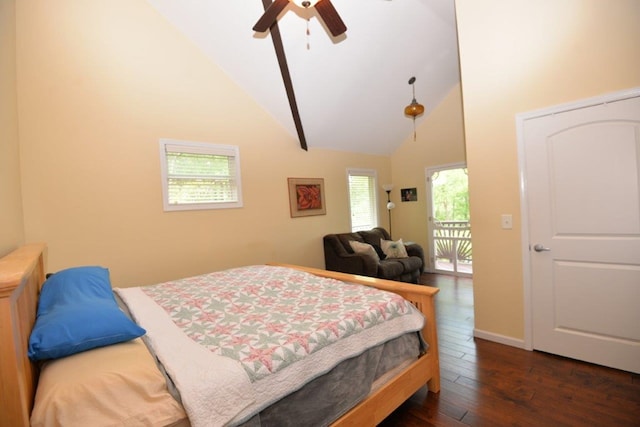 bedroom featuring access to outside, high vaulted ceiling, ceiling fan, hardwood / wood-style floors, and baseboards