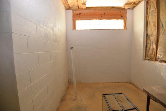 bathroom featuring concrete floors and concrete block wall