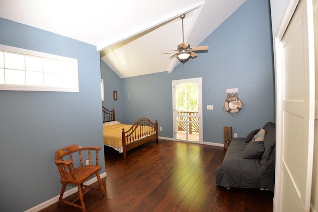bedroom featuring baseboards, a ceiling fan, vaulted ceiling, wood-type flooring, and access to exterior