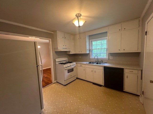 kitchen featuring white cabinetry, sink, white appliances, and crown molding