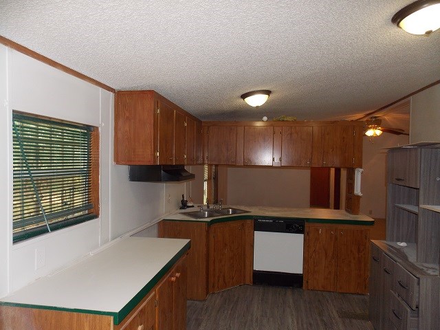 kitchen featuring ceiling fan, dishwasher, sink, dark hardwood / wood-style flooring, and a textured ceiling