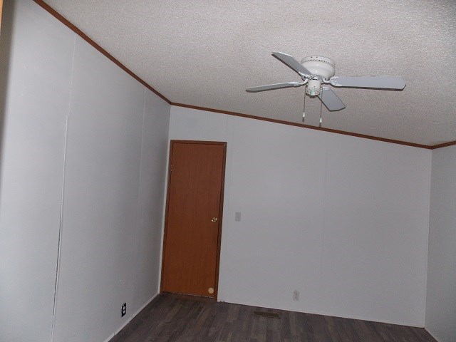 spare room with a textured ceiling, crown molding, ceiling fan, and dark wood-type flooring