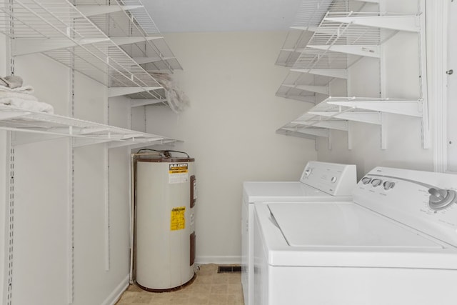 clothes washing area featuring water heater and washer and clothes dryer