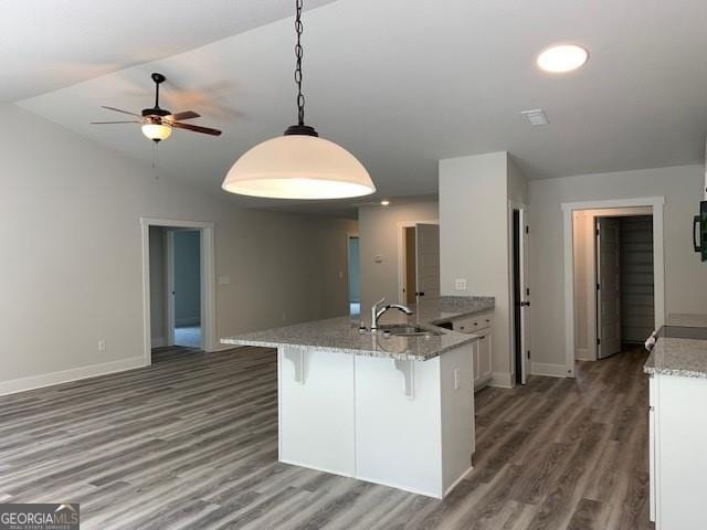 453 Riley Cir, Milledgeville, GA 31061 - kitchen with a peninsula, a ceiling fan, wood finished floors, open floor plan, and vaulted ceiling