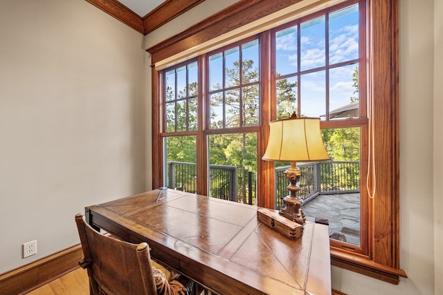 office featuring hardwood / wood-style floors and crown molding