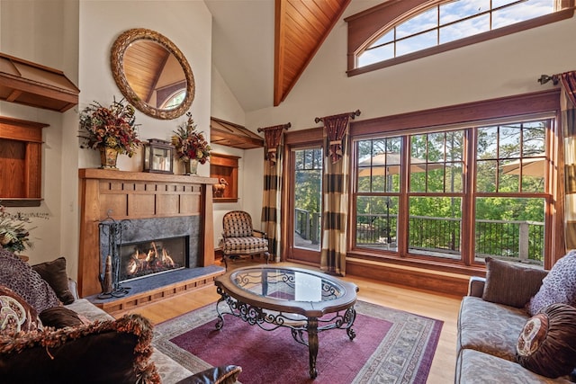 living room with a fireplace, a towering ceiling, and hardwood / wood-style flooring