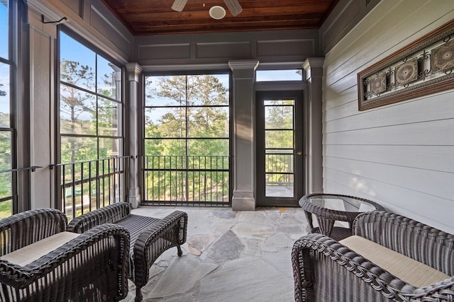 sunroom / solarium with ceiling fan and wood ceiling