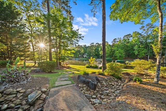 view of yard with a water view