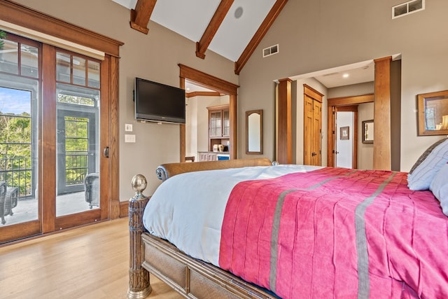 bedroom with beam ceiling, access to exterior, high vaulted ceiling, and light wood-type flooring