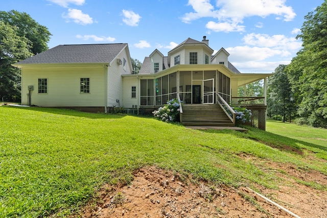 793 Greene Settlement Rd, Gray, GA 31032 - rear view of property with a sunroom, a yard, and a chimney
