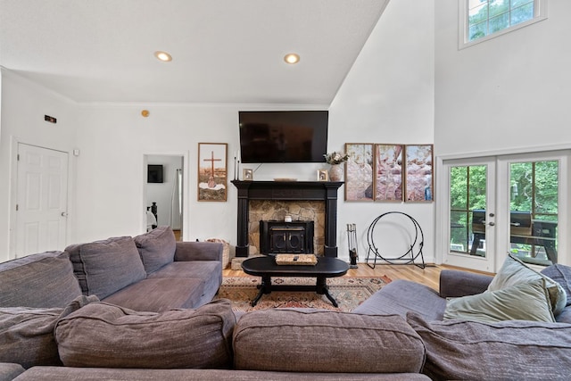 793 Greene Settlement Rd, Gray, GA 31032 - living room featuring a towering ceiling, wood finished floors, recessed lighting, and ornamental molding