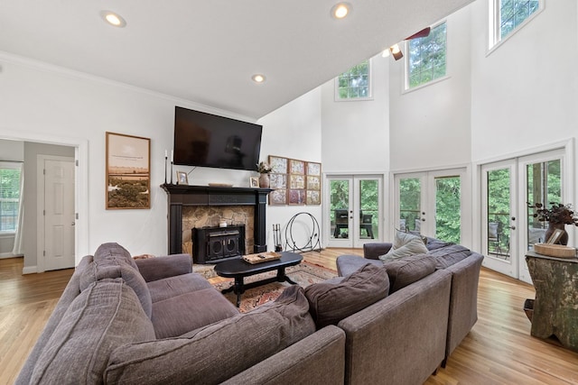 793 Greene Settlement Rd, Gray, GA 31032 - living area featuring a towering ceiling, plenty of natural light, french doors, light wood finished floors, and crown molding