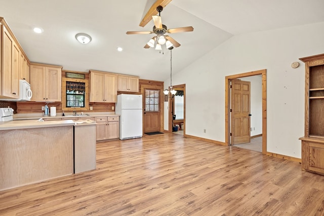 kitchen with white appliances, light brown cabinetry, light hardwood / wood-style floors, vaulted ceiling, and ceiling fan