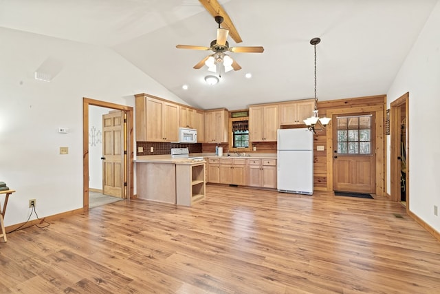 kitchen featuring a healthy amount of sunlight, light brown cabinetry, tasteful backsplash, and white appliances