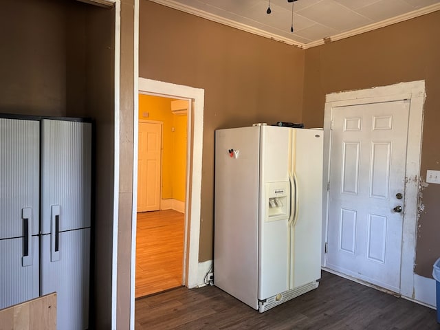 kitchen with dark hardwood / wood-style floors, white fridge with ice dispenser, and crown molding