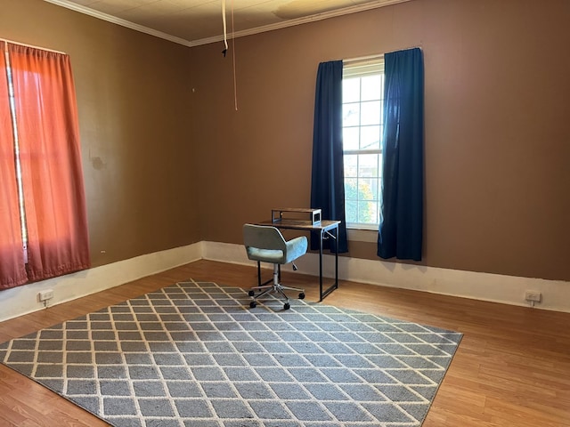 misc room with ornamental molding and hardwood / wood-style flooring