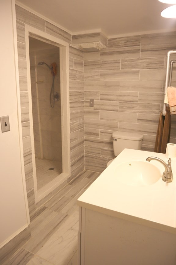full bathroom with a shower stall, toilet, and vanity