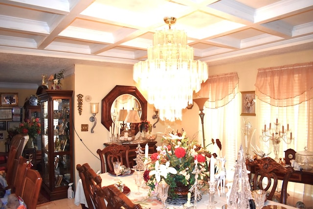 dining space with beamed ceiling, crown molding, coffered ceiling, and a chandelier