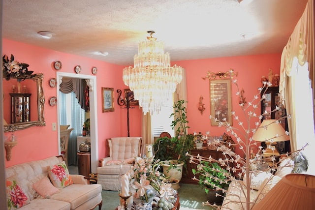 interior space featuring a wealth of natural light, a textured ceiling, and an inviting chandelier