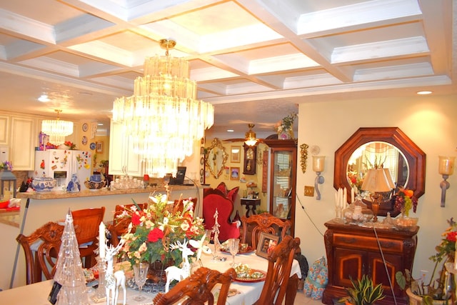 dining space featuring coffered ceiling, ceiling fan with notable chandelier, ornamental molding, and beamed ceiling