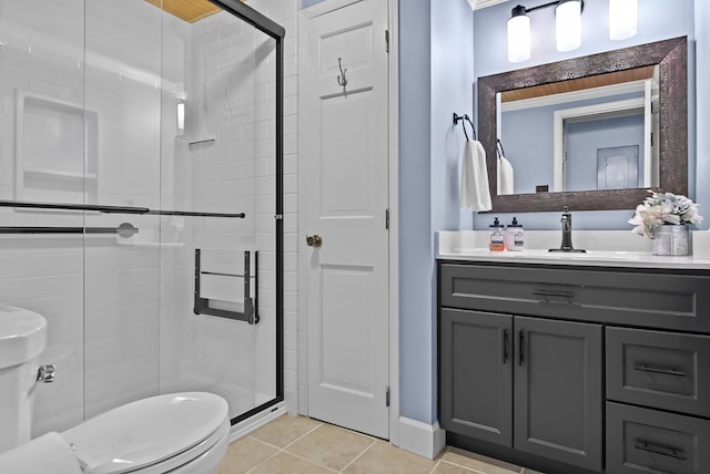 bathroom featuring tile patterned flooring, vanity, a shower with door, and toilet