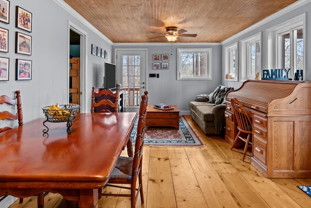 dining area with wood ceiling, crown molding, ceiling fan, and light wood-type flooring