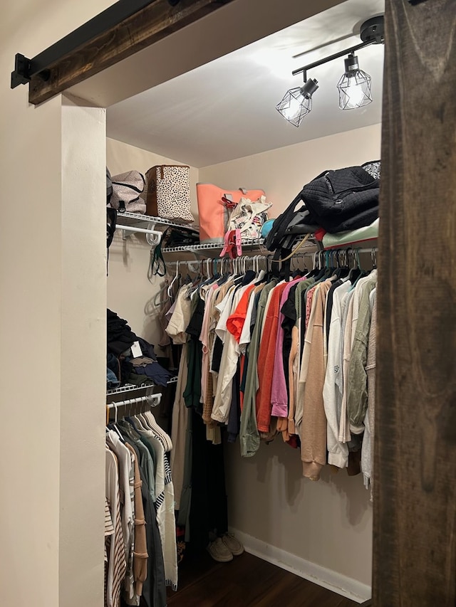 spacious closet with dark hardwood / wood-style floors