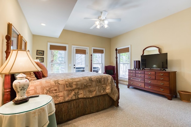 bedroom featuring access to exterior, carpet flooring, a ceiling fan, and recessed lighting