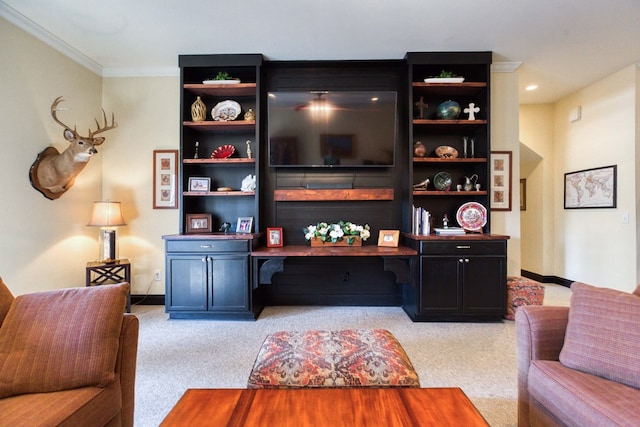 carpeted office with baseboards and ornamental molding