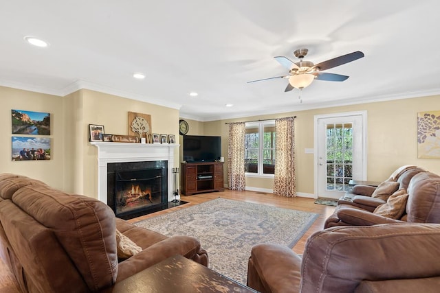 220 Oconnor Dr, Milledgeville, GA 31061 - living area with a fireplace, a ceiling fan, crown molding, baseboards, and recessed lighting
