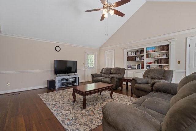 220 Oconnor Dr, Milledgeville, GA 31061 - living area with high vaulted ceiling, ceiling fan, dark wood-style flooring, and baseboards