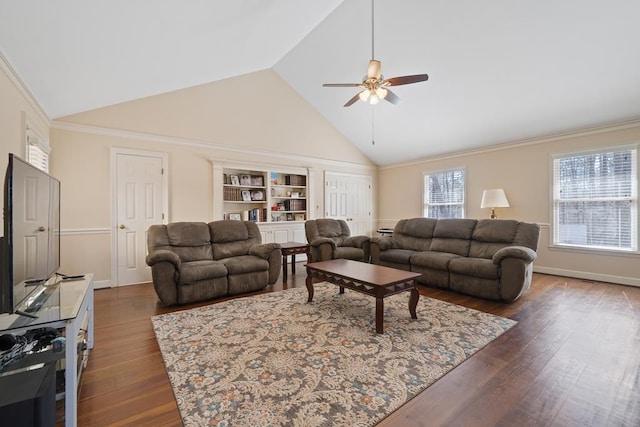 220 Oconnor Dr, Milledgeville, GA 31061 - living room featuring a ceiling fan, dark wood finished floors, high vaulted ceiling, built in features, and baseboards