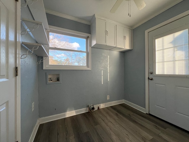 washroom with crown molding, ceiling fan, hookup for a washing machine, cabinets, and dark hardwood / wood-style flooring