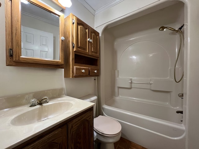 full bathroom featuring crown molding,  shower combination, vanity, and toilet