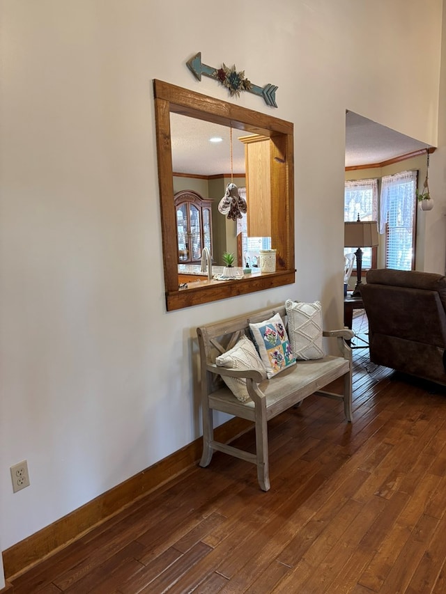 interior space featuring baseboards, dark wood finished floors, and ornamental molding