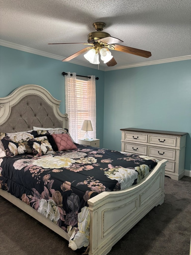 bedroom with crown molding, dark carpet, and a textured ceiling