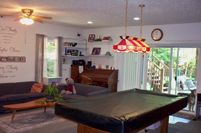 307 E River Bend Dr, Eatonton, GA 31024 - game room featuring a textured ceiling, a ceiling fan, billiards table, and recessed lighting