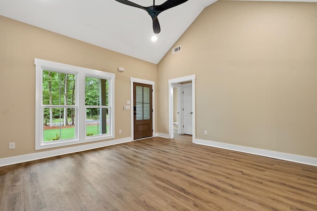 172 Southshore Rd, Eatonton, GA 31024 - empty room featuring a ceiling fan, wood finished floors, and high vaulted ceiling