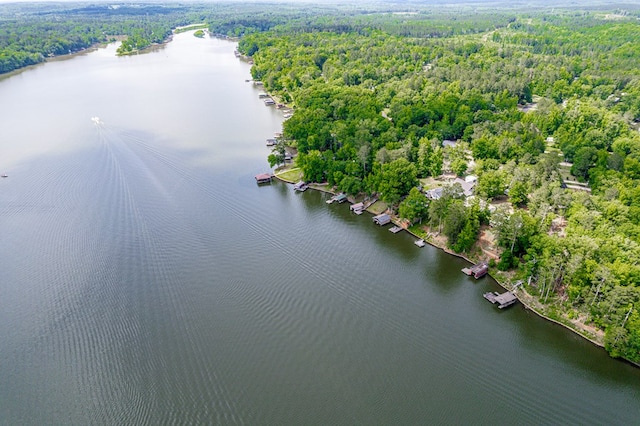 drone / aerial view of a heavily wooded area and a large body of water