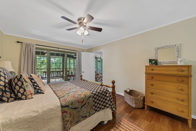 bedroom featuring access to exterior, wood finished floors, ornamental molding, baseboards, and a ceiling fan