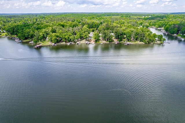 drone / aerial view of a heavily wooded area and a nearby body of water