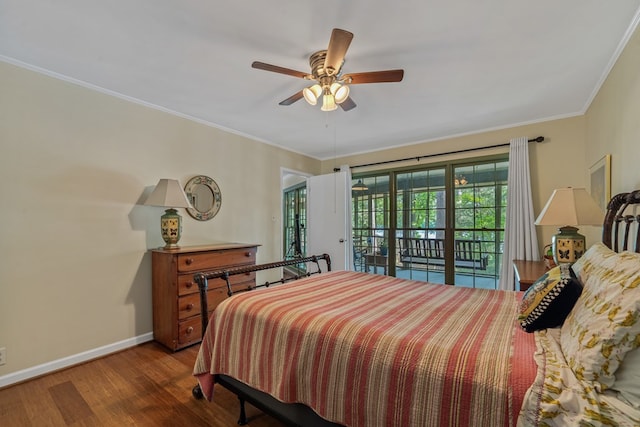bedroom with wood finished floors, baseboards, crown molding, access to exterior, and a ceiling fan